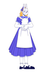Blonde bunny girl maid in frilly dress and apron 2D cartoon character. Fantasy costume young woman rabbit standing modestly flat vector person isolated on white. Spot illustration colorful