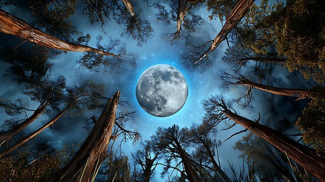 Enchanting night sky over tall trees forest landscape photography moonlit atmosphere aerial view nature concept
