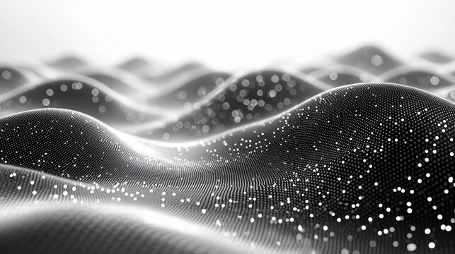 A dark, wavy surface composed of tiny dots is illuminated by scattered bright white particles and soft bokeh effects, creating an abstract, futuristic landscape