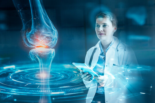 Doctor analyzing digital knee data with advanced medical technology - Powered by Adobe