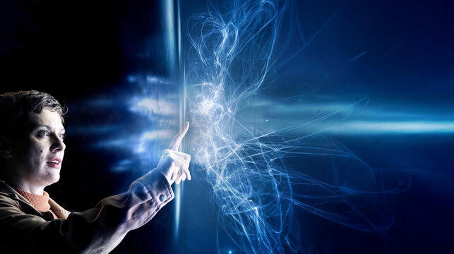 Engineer interacting with digital AI technology interface