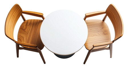 two wooden chairs with white round table isolated on white