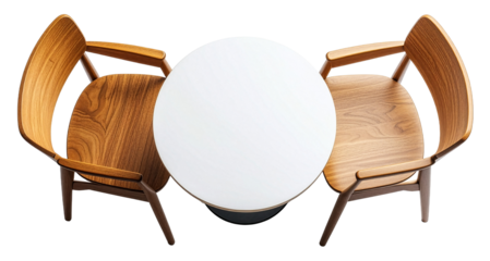 two wooden chairs with white round table isolated on white