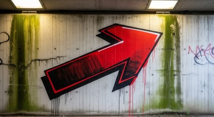 Bold Red Arrow Graffiti Pointing Right On Concrete Wall With Moss And Droplets