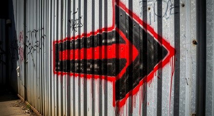 Bold Red Arrow Graffiti Painted on Metallic Structure Points to Directional Guidance