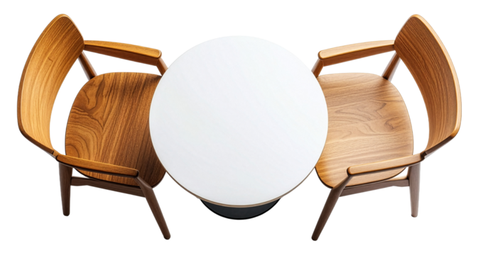 two wooden chairs with white round table isolated on white
