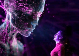 Engineer interacting with holographic artificial intelligence interface