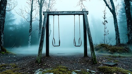 Silent swinging abandoned playground scene in misty forest atmospheric photography nature tranquil viewpoint