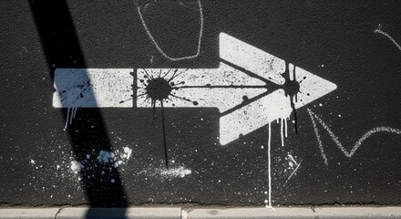 Bold White Arrow Direction Symbol Painted On Black Wall With Splatter