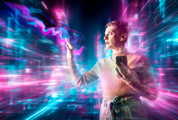 Engineer in futuristic server room analyzing digital data using mobile