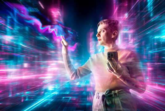 Engineer in futuristic server room analyzing digital data using mobile