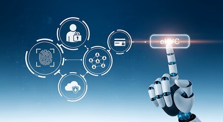Robotic hand touching ekyc button on virtual screen, digital transformation, identity verification and authentication