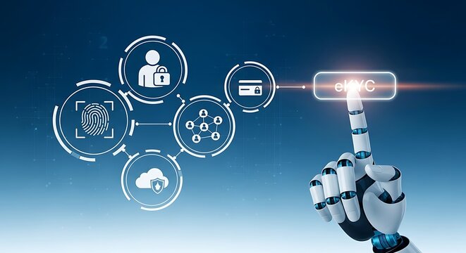 Robotic hand touching ekyc button on virtual screen, digital transformation, identity verification and authentication - Powered by Adobe