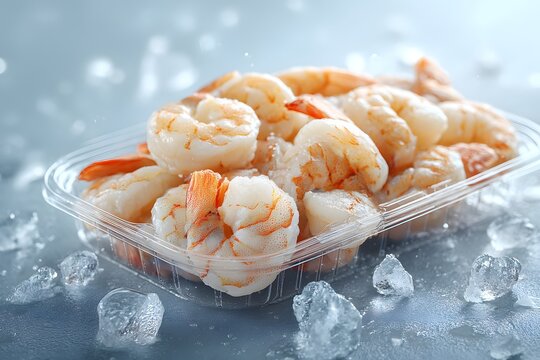Tray of shrimp is sitting on a table with ice. The shrimp are frozen and appear to be in a plastic container