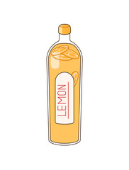 Lemonade in glass bottle. Package of fresh squeezed citrus fruit juice. Container of soft drink with slices of lemon. Refreshing beverage. Flat isolated vector illustration on white background