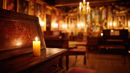 tenet. A historical palace music hall with an ancient harpsichord softly lit by candlelight, ornate details in warm golden tones. real-estate listings.