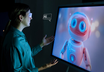 Woman communicating with AI chatbot using digital screen technology
