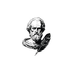 Vintage engraving style illustration of an ancient bearded philosopher or scholar, combined with a classic feather quill.