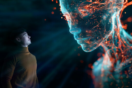 Man looking at digital artificial intelligence face in virtual space