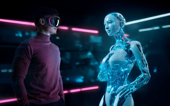 Engineer wearing glasses interacts with a futuristic AI robot indoors