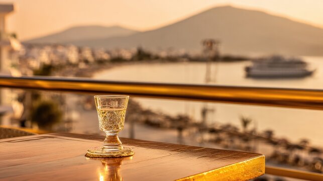 ouzo. Aegean Sea balcony at sunset with ouzo glass reflecting the golden hour light. inspiring travel planning, bar promotions, designed for food & beverage menus and cafe branding.