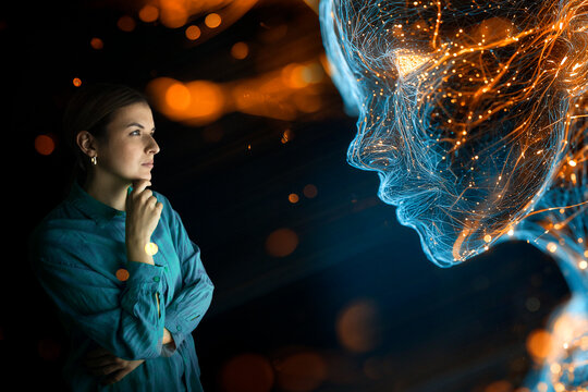 Woman analyzing AI chatbot face with glowing digital network