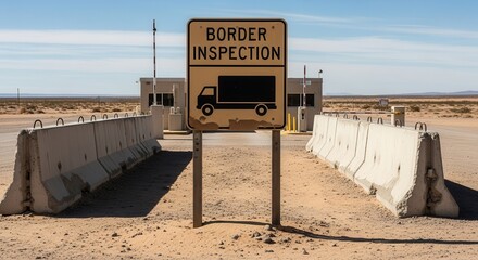 Border Inspection Sign At Checkpoint In The Desert Sunlight With Barriers and a Barricade