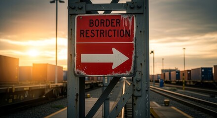 Border Restrictions Sign With Directional Arrow Near Freight Train at Sunset