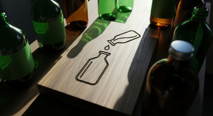 Bottles and Shadows: A Minimalist Composition in Green, Brown, and Warm Wooden Tones