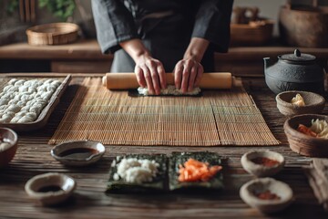 Man is making sushi on a bamboo mat. The table is full of ingredients and utensils, including chopsticks, bowls, and a tea kettle. The atmosphere is calm and focused