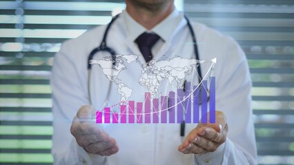 Doctor presents global pandemic world map with graph statistics showing spread of new virus X outbreak