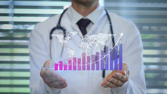 Doctor presents global pandemic world map with graph statistics showing spread of new virus X outbreak