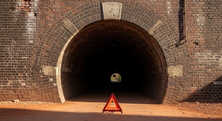 Brick Tunnel Entrance With Warning Sign Symbolizing The Journey Ahead In Perfect Light