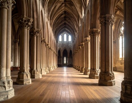 Interior view of grand historic architecture with columns and high ceilings