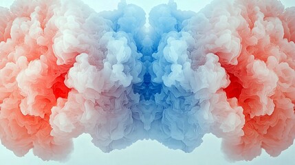 A symmetrical abstract formation of red and blue smoke or clouds, suggesting a dynamic collision or blend of elements.