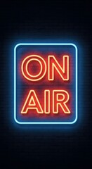 Vibrant neon “ON AIR” sign glowing in red and blue lights against a dark brick wall background, symbolizing live broadcasting, recording studios, and media production