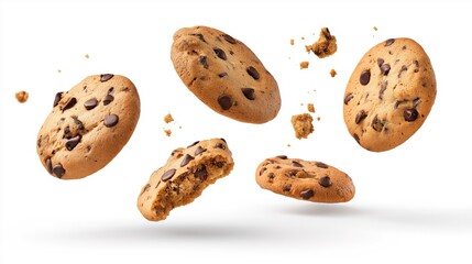 rich golden-brown texture with melted chocolate chips, crumbs flying around, isolated on a clean white background