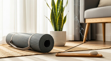 Yoga mat and incense burning for a relaxing home wellness and meditation session