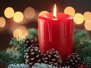 Christmas winter scene with red candle, dripping wax, pine cones, and evergreen branches on blurred bokeh warm lights background. Ideal for festive designs, greeting cards, social media, 