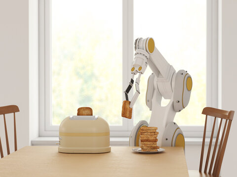 Robot arm serving toast at breakfast table in modern kitchen interior