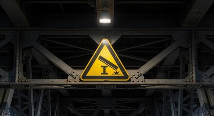 Bridge Construction Warning Sign Underneath Architectural Steel Framework Illumination