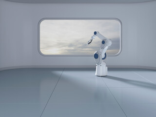 Robotic arm in futuristic empty room with window and advanced technology