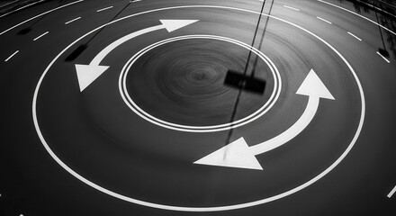 Circular Road Marking With Directional Arrows, Black And White Abstract Concept