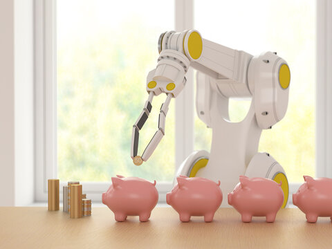 Robotic arm placing coins in piggy banks symbolizing automation in finance