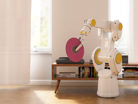 Robot arm with vinyl record tidying up in modern living room