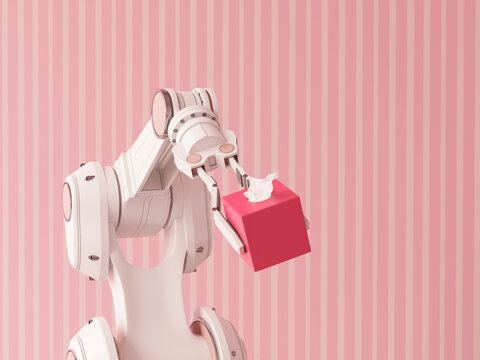 Robotic arm holding tissue box in pink striped setting 3d rendering