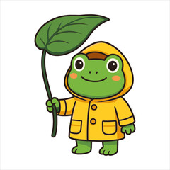 Frog in Raincoat with Leaf Umbrella A Flat Vector Logo Illustration of a Cartoon Frog