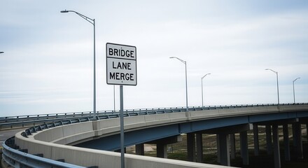 Bridge Lane Merge Sign On A Curved Road with Lamp Posts under A Cloudy Sky