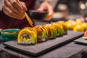 Person is making sushi with a green avocado roll. The sushi is on a black plate and is being served with chopsticks