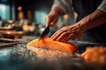Chef is cutting a piece of salmon with a knife. The knife is sharp and the salmon is fresh. The chef is focused on his task and seems to be enjoying the process of preparing the fish